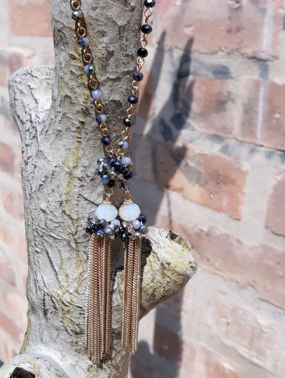 Extra Long Beaded Statement Tassle Chain Necklace Blue Gold